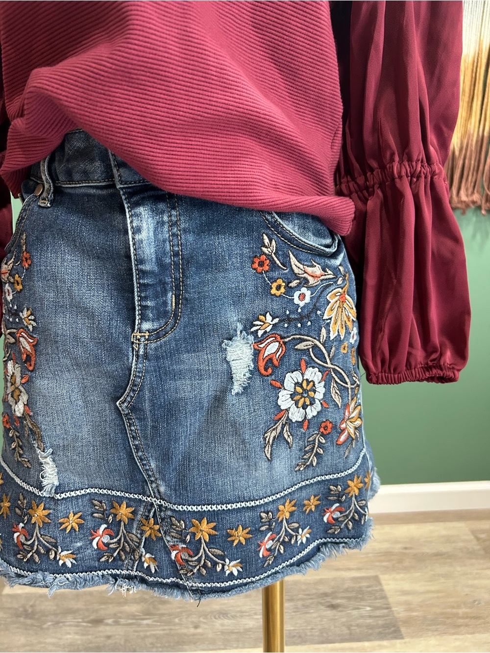 Altar’d State Denim Mini Skirt with Colorful Floral Embroidery - Picture 6 of 9